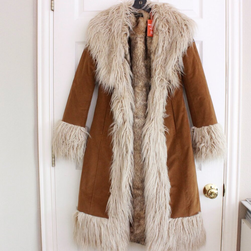 Superdry Brown and Cream Faux Fur Trim Coat- Penny Lane Coat